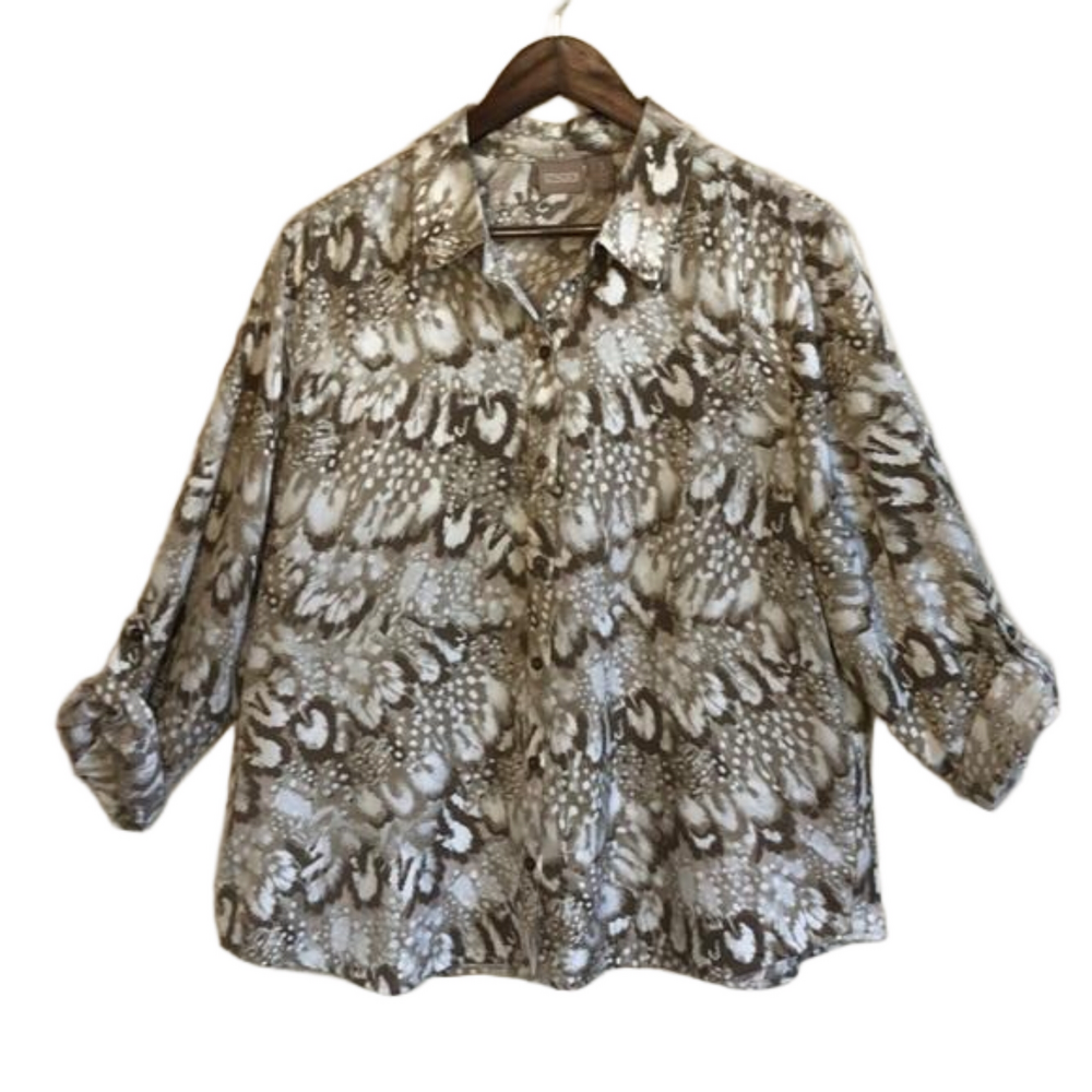 CHICO'S Women's Size XL Brown‎ Animal Print Roll Tab Sleeves Button Up Blouse